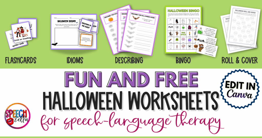Collection of fun, free Halloween worksheets for speech therapy, featuring flashcards, idioms, descriptive activities, bingo, and roll & cover games for children.