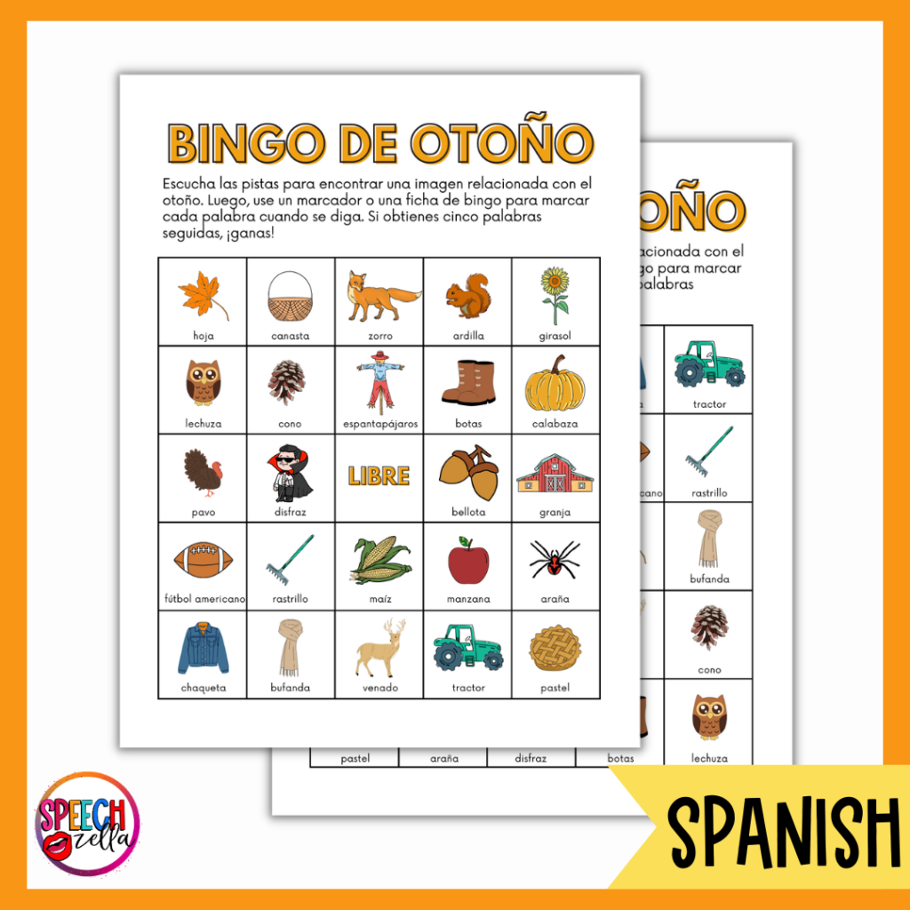 If you have any English language learners, then grab this bingo game.  They can join in the bingo fun also with this Spanish version of the fall bingo printable.