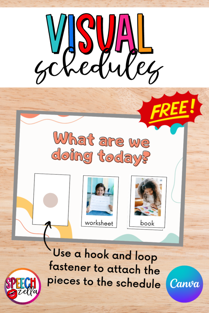 First, edit the Canva template and include any other activities you use during school time. Then, download the visual schedule as a PDF.  Last, cut out the pictures and place a fastener on the back. Attach the pictures to the visual schedule and you're all set!