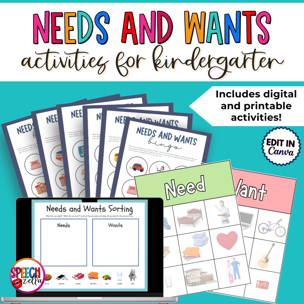 Needs and wants activities for kindergarten you can find in Canva