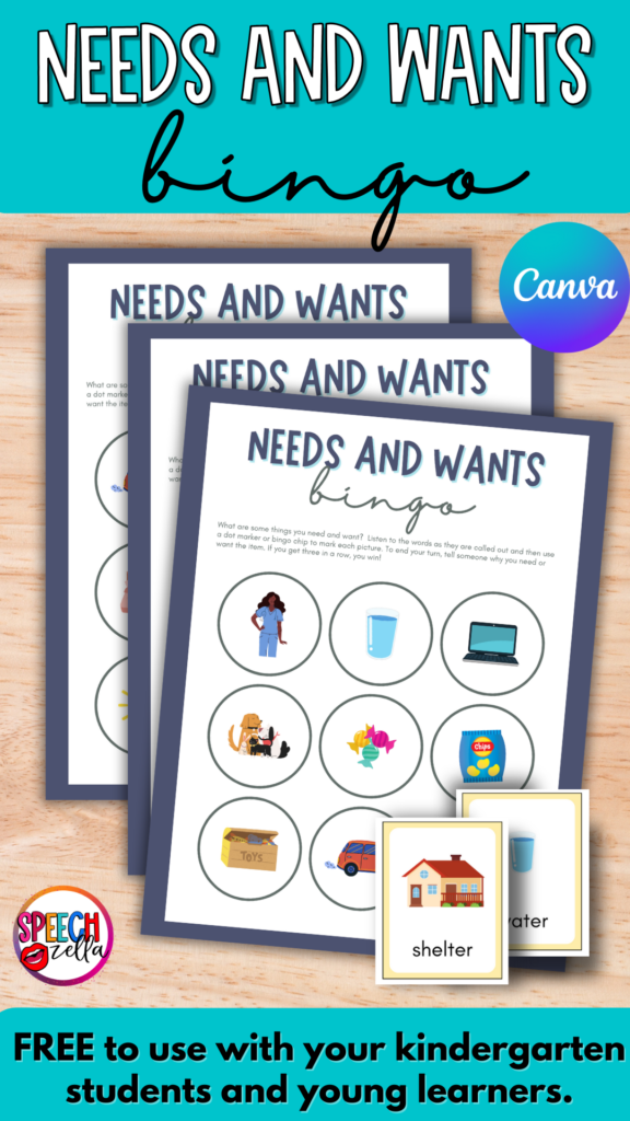 Free needs and wants bingo game that is available in Canva