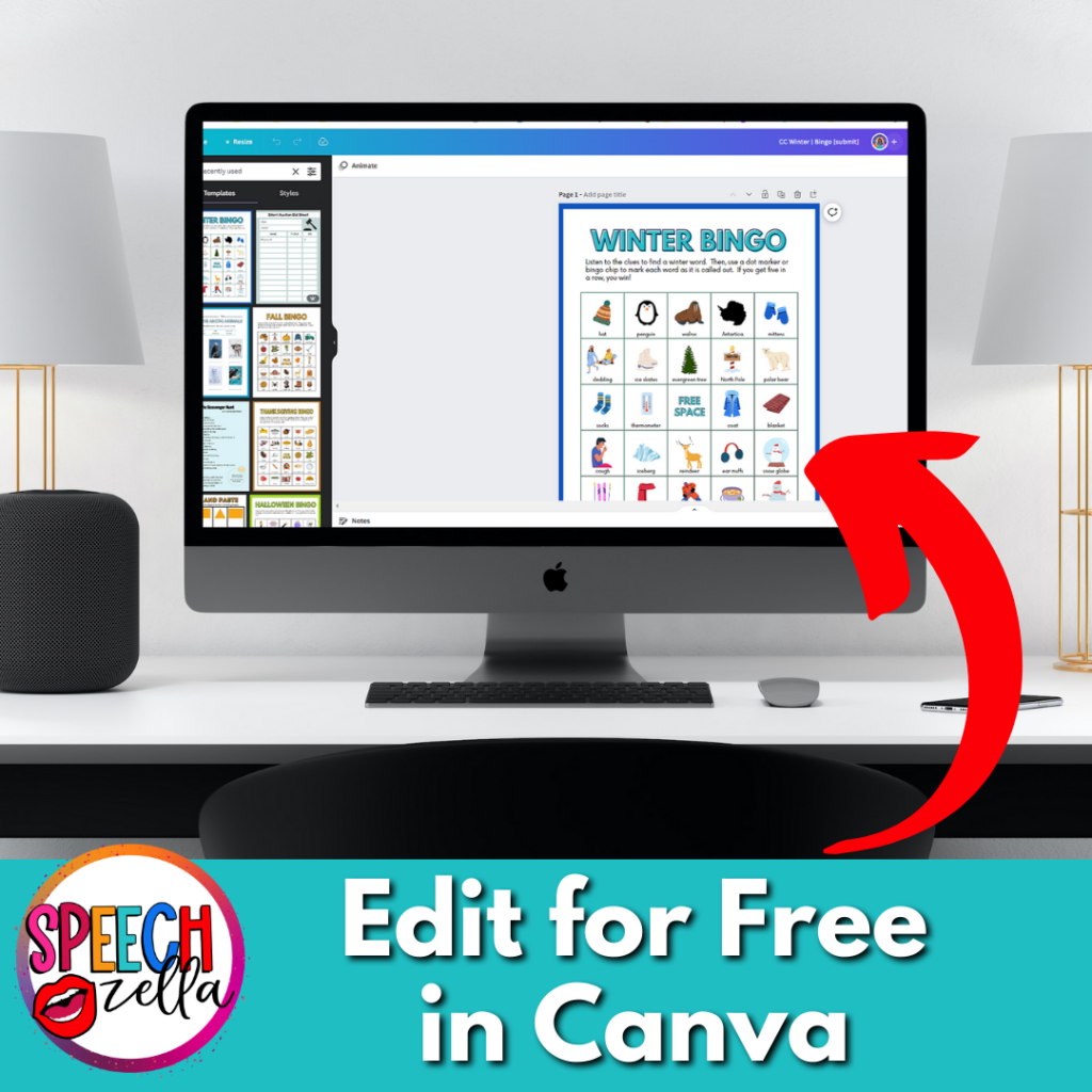 winter bingo free printable that is editable in Canva