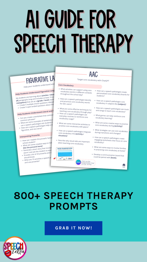 Promotional graphic titled AI Guide for Speech Therapy featuring two document previews labeled Figurative Language and AAC, with the text 800+ Speech Therapy Prompts powered by AI Speech Therapy, and a button Grab it now! at the bottom.