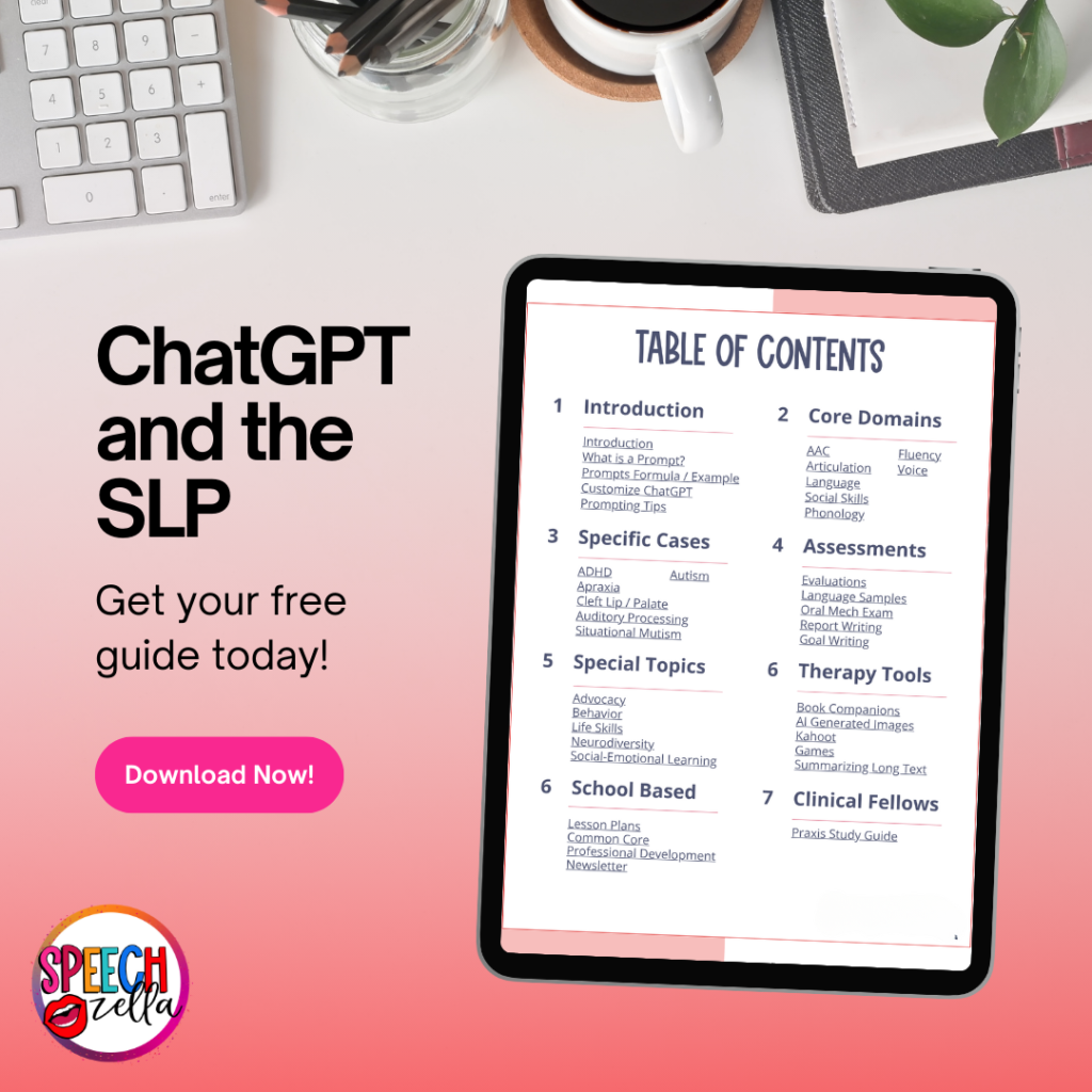 A tablet showcasing a table of contents with a pink Download Now! button sits on a desk, surrounded by a notebook, pen, coffee cup, and plant. The text reads ChatGPT and the SLP with the Speech Zetta logo nearby. Explore AI speech therapy tools—get your free guide today!