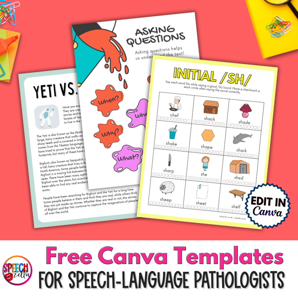 Three educational worksheets for speech-language pathologists utilize Canva templates. The first features a Yeti story, the second focuses on asking questions, and the third contains initial /SH/ sound words with images. Ideal for Canva educators seeking creative resources.