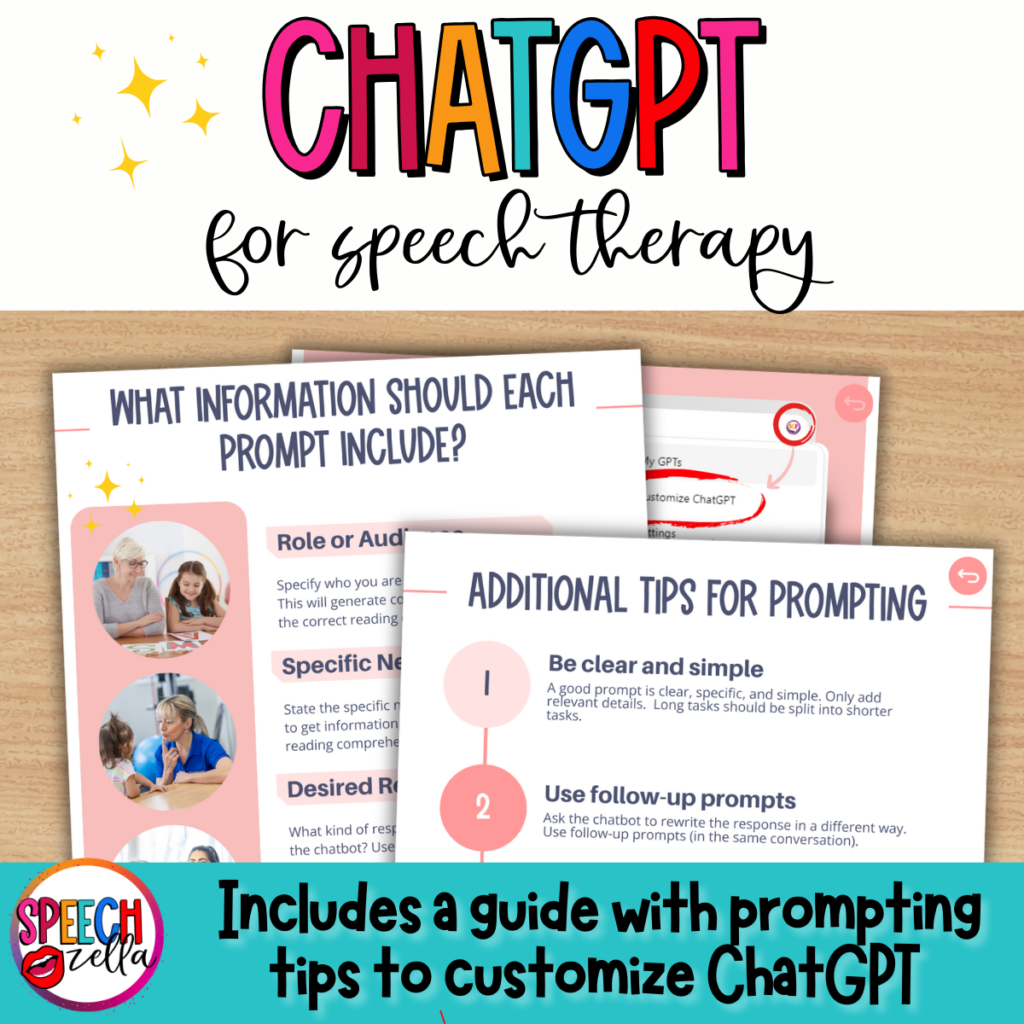 Guide titled ChatGPT for Speech Therapy featuring sections on speech therapy AI prompts and tips for effective use. Includes illustrations and logos, emphasizing customization for speech therapists.