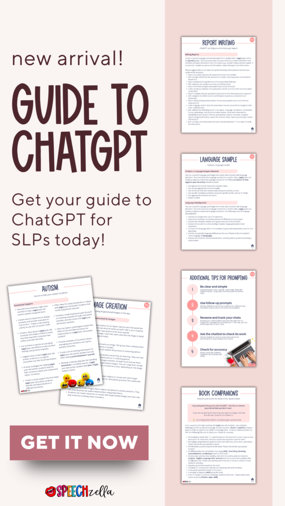 Flyer for a guide to ChatGPT for SLPs, featuring sections on report writing, language samples, autism, language creation with speech therapy AI prompts, and book companions. Includes a Get It Now button and SpeechZella logo.