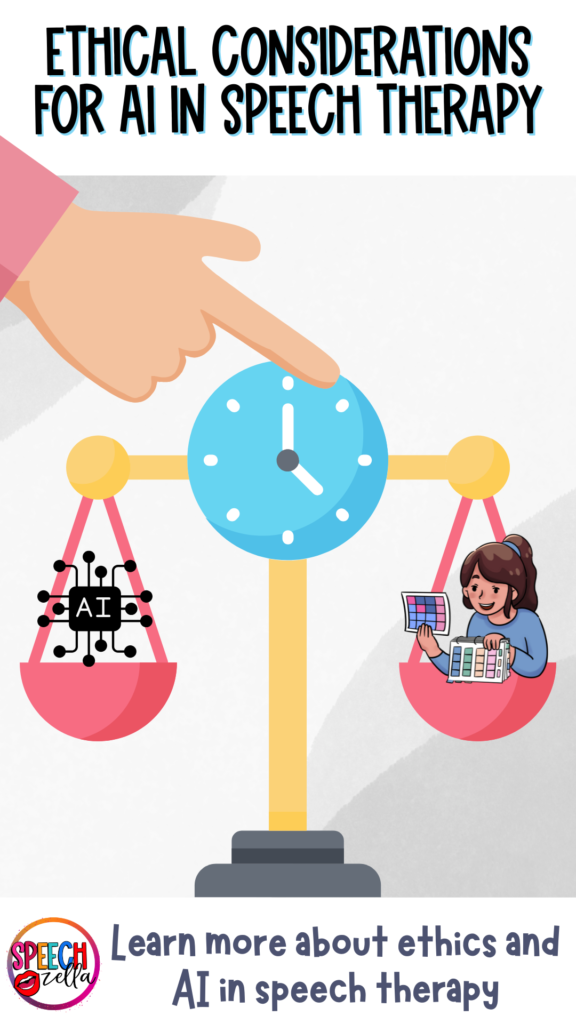 Illustration of a balanced scale, with AI on one side and a person reading a newspaper on the other. A large hand points toward it. Text reads Ethical Considerations for AI in Speech Therapy. Explore how ai speech therapy reshapes communication while maintaining ethical standards.