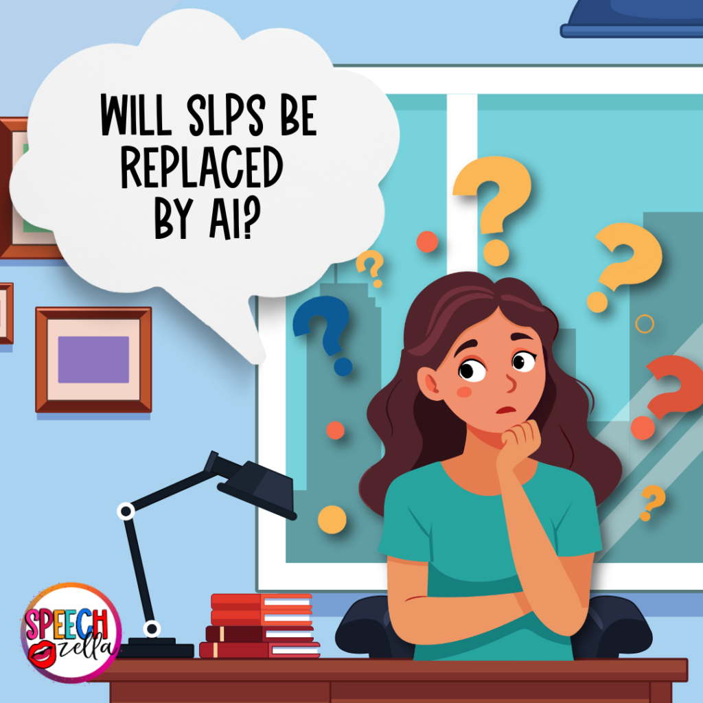 An illustration depicts a person at a desk, looking thoughtful with question marks hovering around. A speech bubble asks, "Will SLPs be replaced by AI?" Books, a lamp, and framed pictures adorn the desk. Inquisitive eyes glance towards the window, pondering the impact of AI tools.