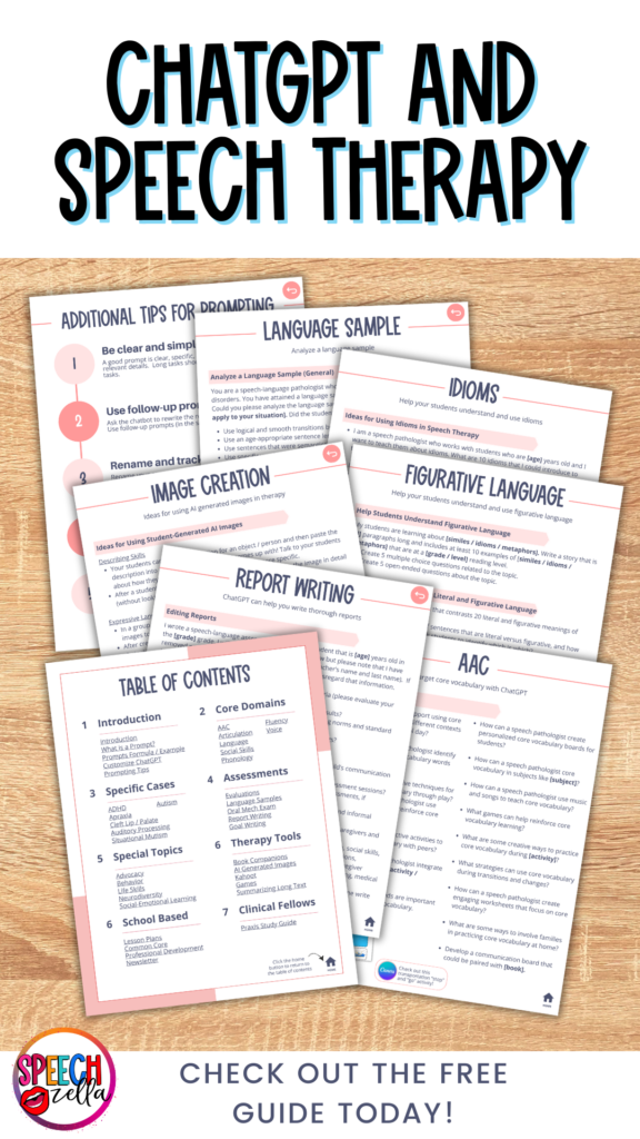 Image of several educational materials related to language and speech therapy, including topics like idioms, figurative language, and AAC. The text at the top reads ChatGPT and Speech Therapy AI Prompts. A call-to-action encourages downloading a free guide.