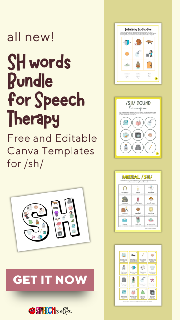 Four worksheets for practicing the /sh/ sound, featuring images and activities like bingo and cut-and-cover. The text reads Free /sh/ activities and worksheets. The design includes colorful headings and illustrations.