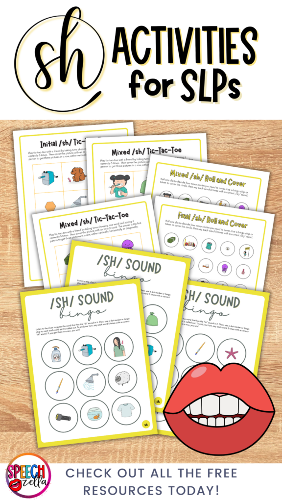 A promotional poster for the SH words Bundle for Speech Therapy highlights free and editable Canva templates. Featuring images of sample designs, a vibrant SH filled with illustrations, and a bold red button urging you to Get It Now, this bundle emphasizes why speech therapy is important.