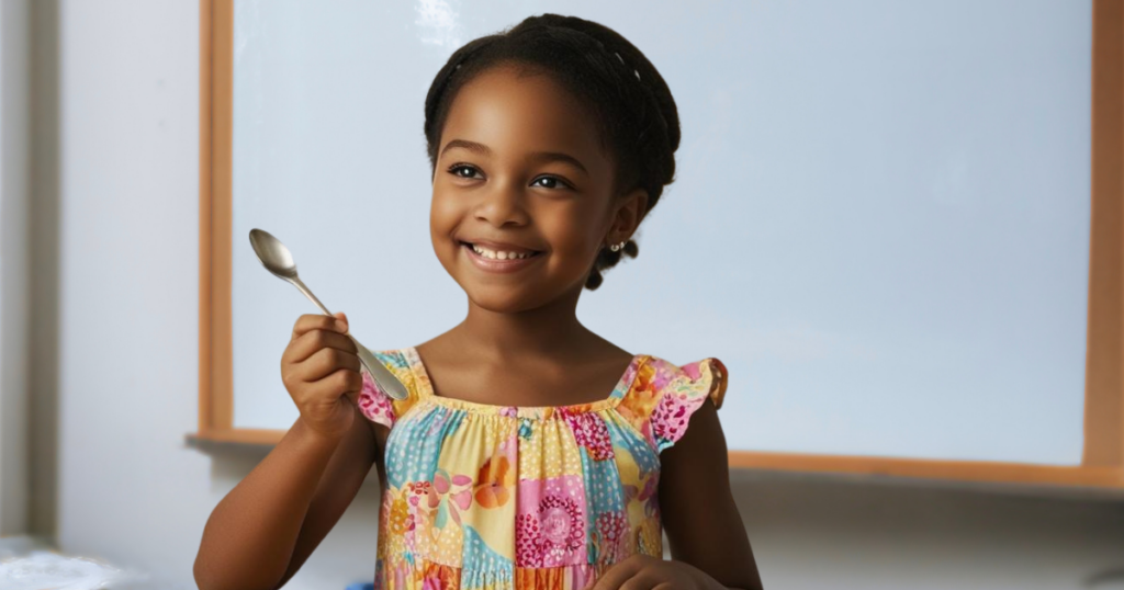 ,a little girl holding a spoon for the "spoon trick"