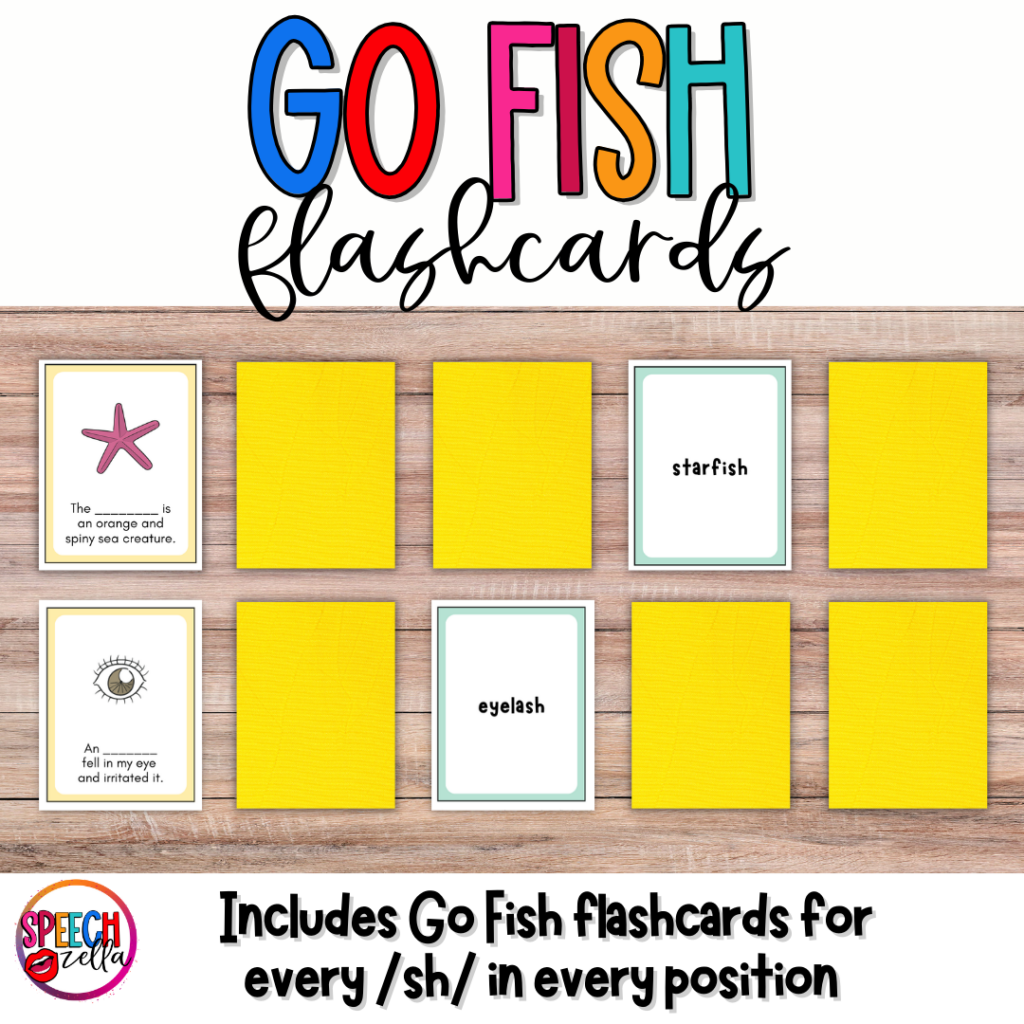 sh articulation flashcards that slps can use to target the sh sound in their clients and students. students can play go fish with the flashcards