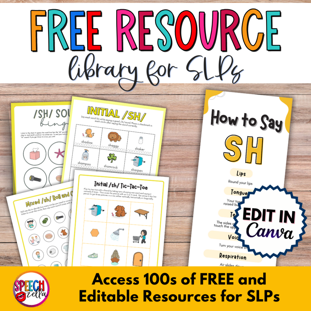 Explore our vibrant Free Resource Library for SLPs featuring a handy How to Say SH guide and engaging activity sheets. Access editable resources in Canva to enhance your sessions with sh words for speech therapy. 