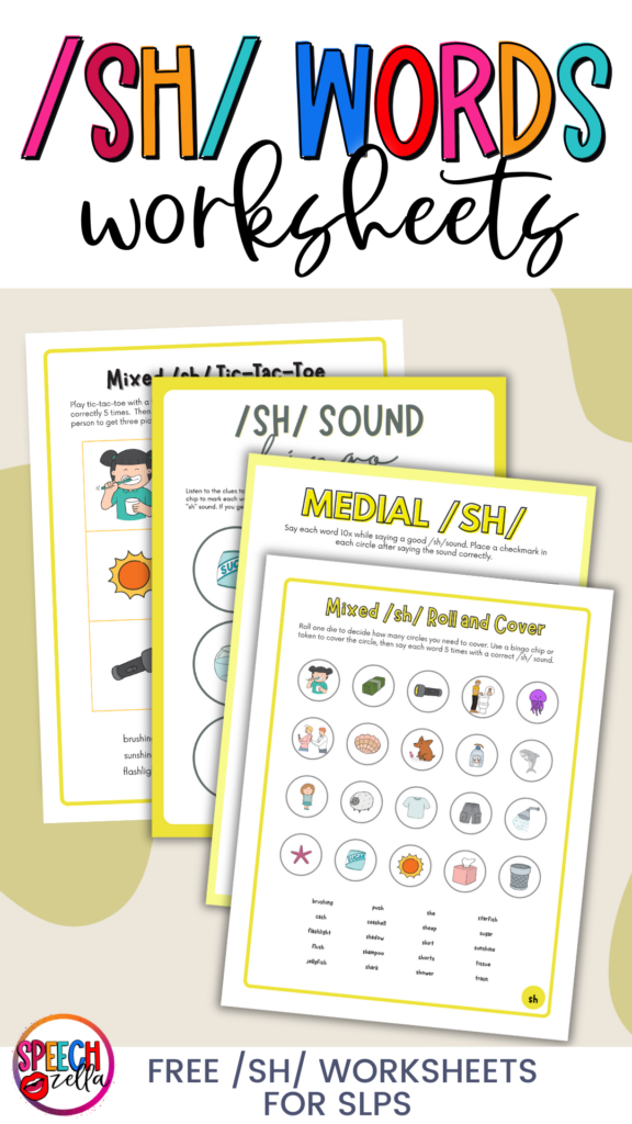 Colorful promotional image for free SH activities in speech therapy. Includes flashcards, printable worksheets, and a bingo game featuring images like a shoe and ship. Crafted with Canva for Education, it also showcases Speech Zetas logo and highlights free poster, infographic, and more.