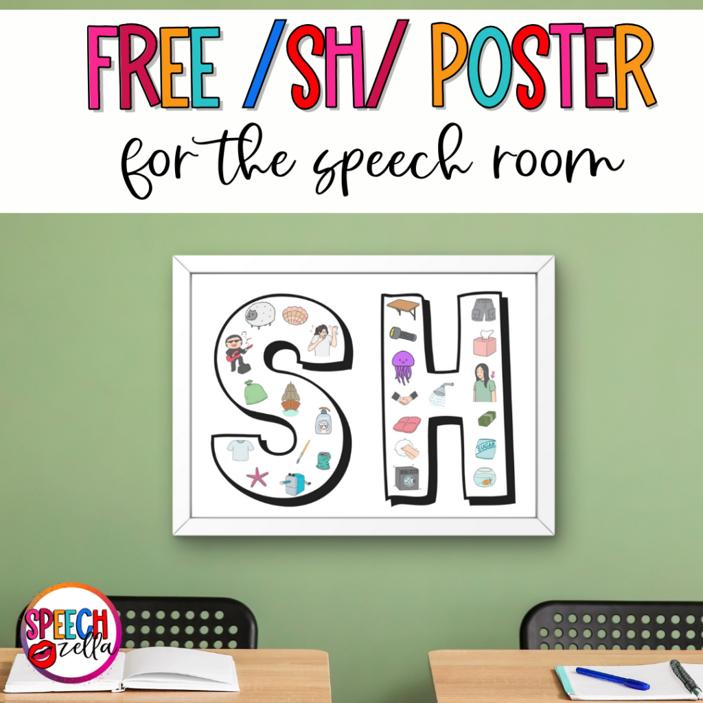 photo of a poster that features the /sh/ sound that therapists can poste in their speech room