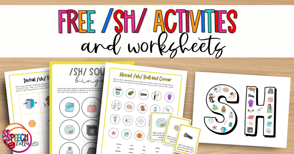 Three worksheets for /sh/ articulation are displayed on a wooden surface. They feature exercises for initial and medial /sh/ sounds with images and text. A red FREE label is on one worksheet. A Speech Zella logo is in the corner.