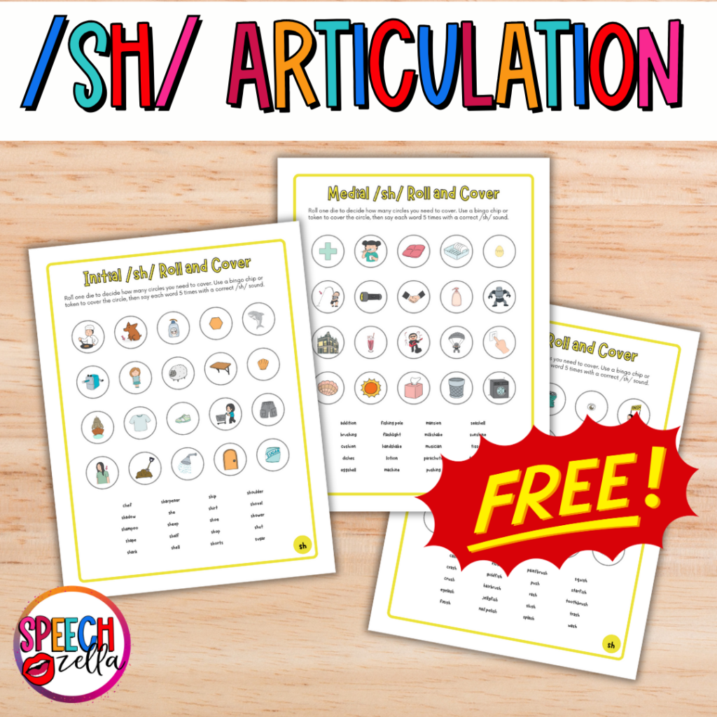 Three worksheets for /sh/ articulation are displayed on a wooden surface. They feature exercises for initial and medial /sh/ sounds with images and text. A red FREE label is on one worksheet. 