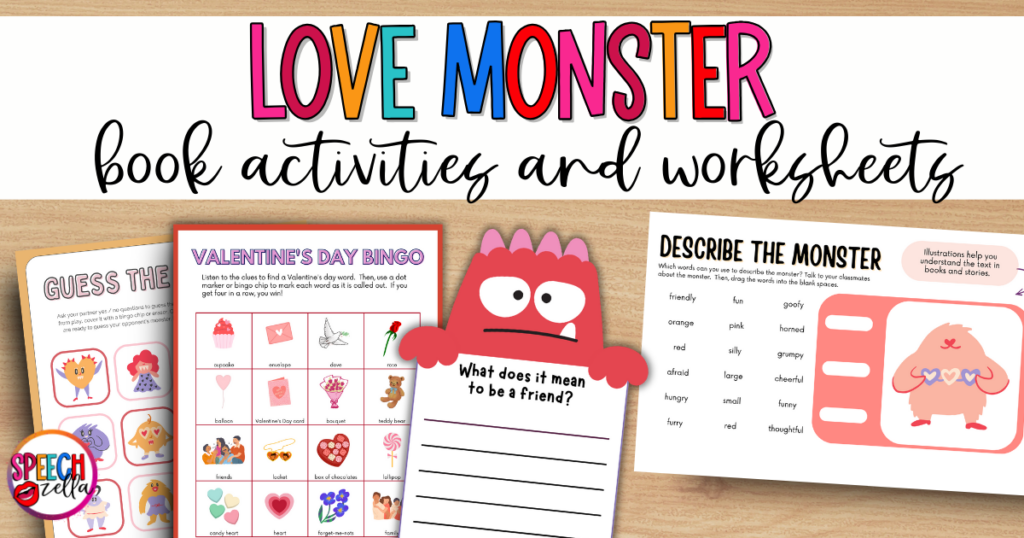 love monster book activities for speech therapy in Canva