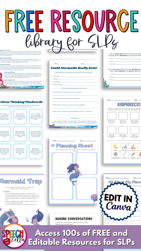 A vibrant promotional image for a free resource library tailored for Canva SLPs, featuring previews of educational templates like flashcards and planning sheets, including guides on how to catch a mermaid lesson activities.