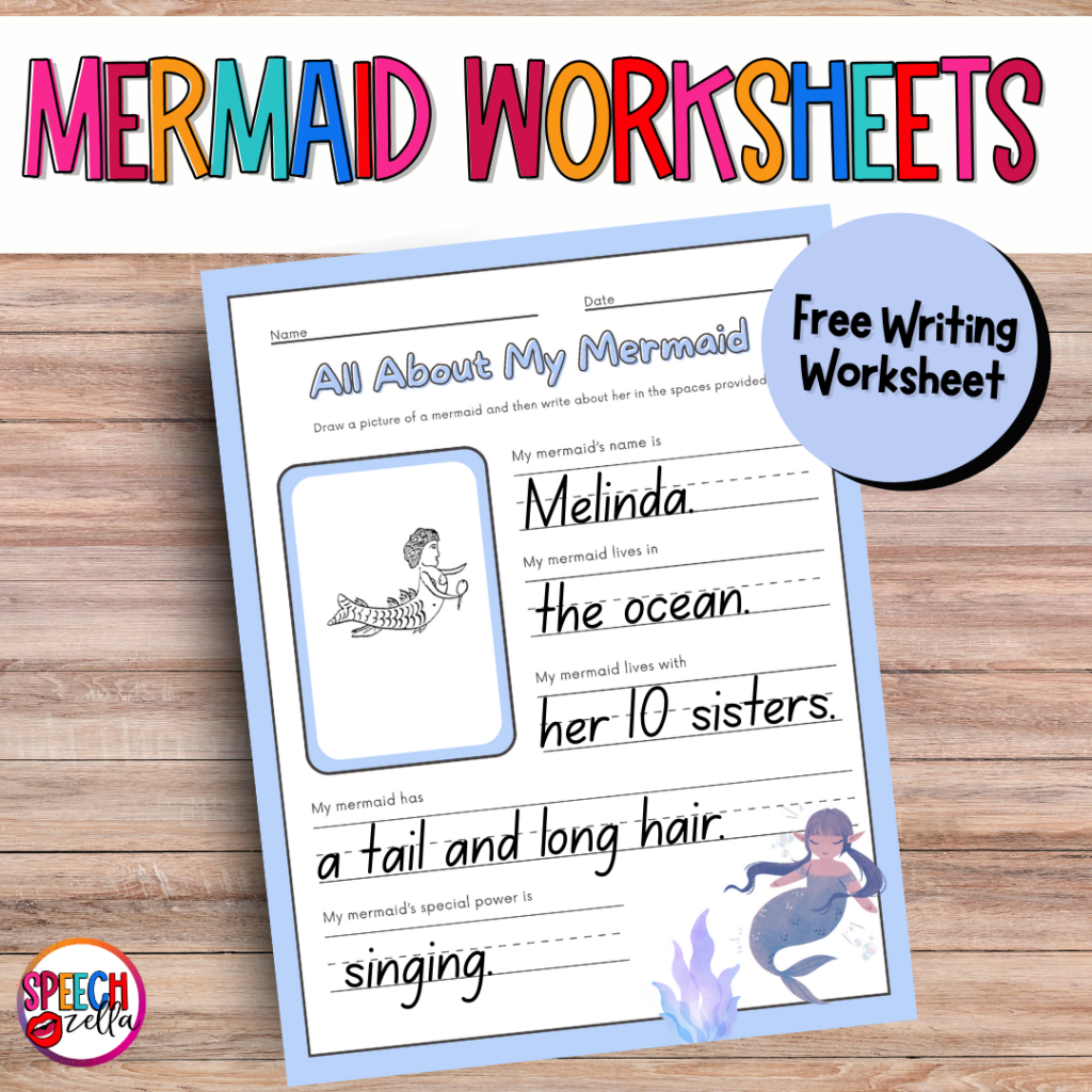 A Mermaid Worksheets page titled All About My Mermaid includes prompts for drawing and describing a mermaid, with example answers about a mermaid named Melinda. Discover the secrets of how to catch a mermaid with engaging activities and a small illustration in the corner.