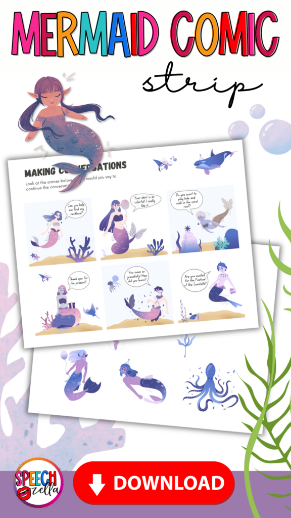 A mermaid-themed comic strip, complete with underwater scenes, marine creatures, and a curious mermaid character. The text reads MERMAID COMIC strip and enticingly suggests How to Catch a Mermaid Activities alongside a red DOWNLOAD button at the bottom.