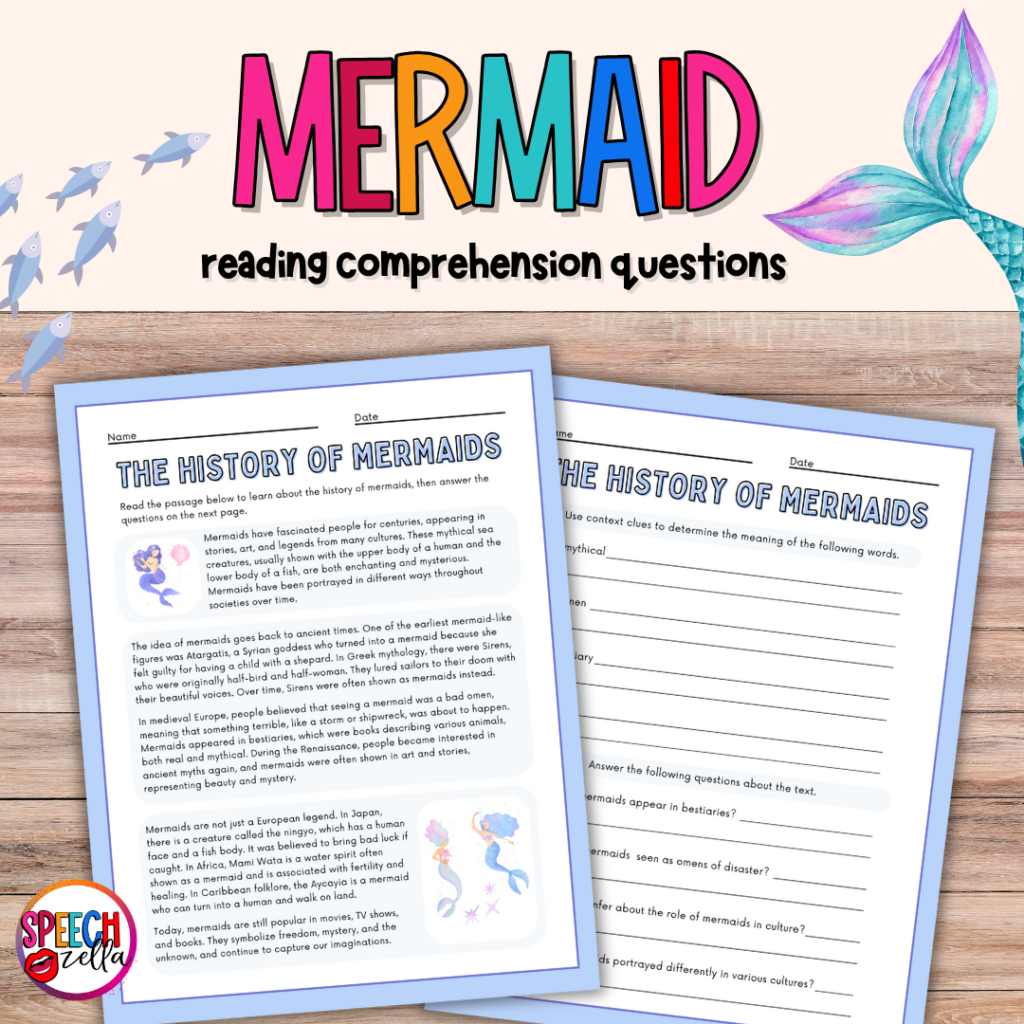 Reading comprehension worksheets about mermaids. These worksheets help students with vocabulary and inferencing while reading about an interesting subject: mermaids and how to catch a mermaid.