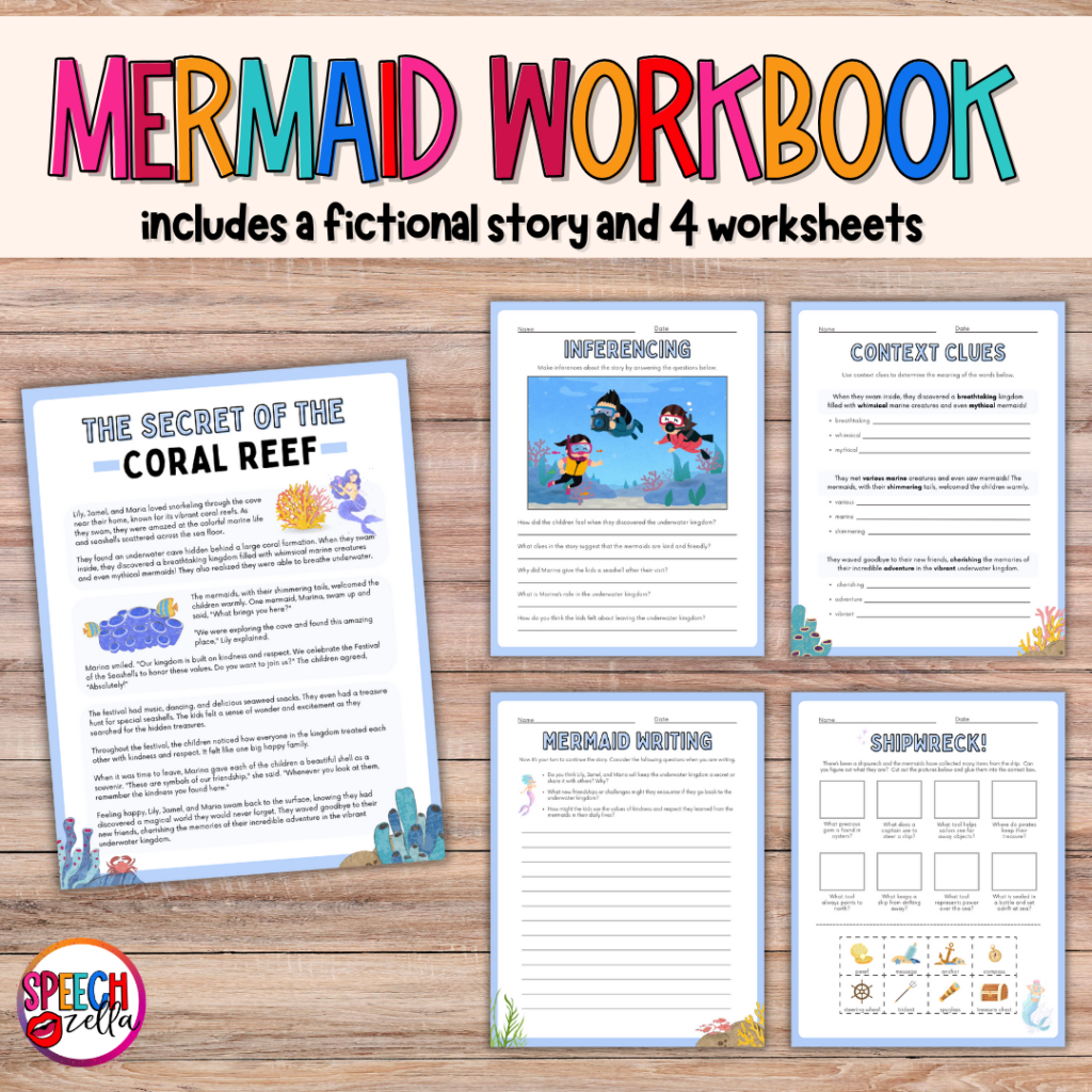 How to Catch a mermaid activities and lesson offers a whimsical How to Catch a Mermaid lesson, complete with a fictional story and four engaging worksheets. Dive into illustrations of enchanting mermaids with sections for brainstorming, planning, and writing against a vibrant sea-themed backdrop of coral and seahorses.