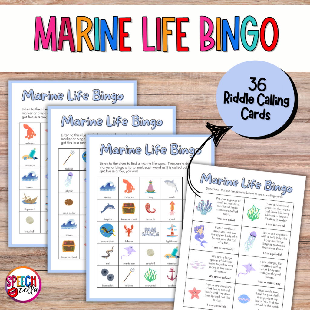 Four Marine Life Bingo cards featuring colorful illustrations of sea animals and objects like anchors and treasure chests are displayed. A speech bubble announces 36 Riddle Calling Cards in the top right, adding a playful twist to this underwater adventure. Perfect for the how to catch a mermaid activity!