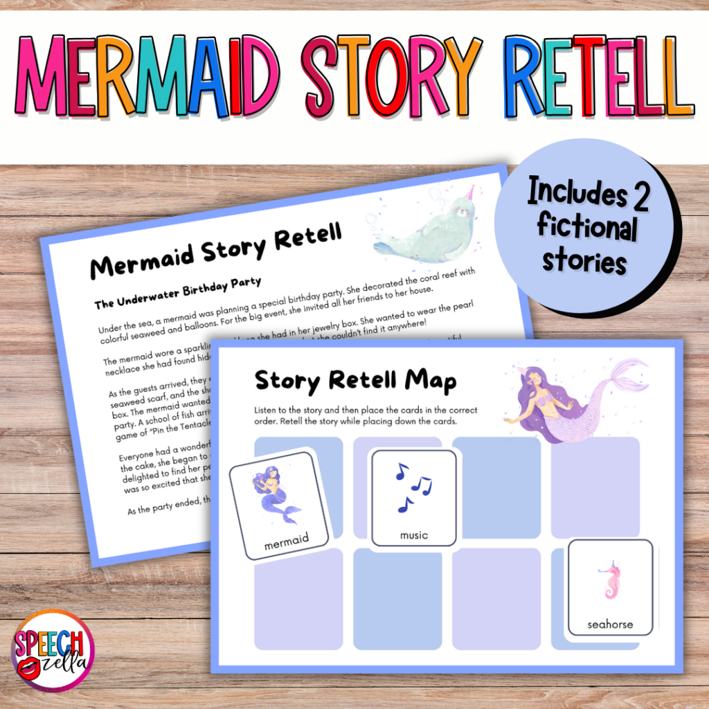 The educational materials titled Mermaid Story Retell are vibrant and engaging, featuring illustrations of a mermaid, seahorse, and musical notes. Alongside two fictional stories and a retell map for organizing events, it includes fun activities inspired by how to catch a mermaid.