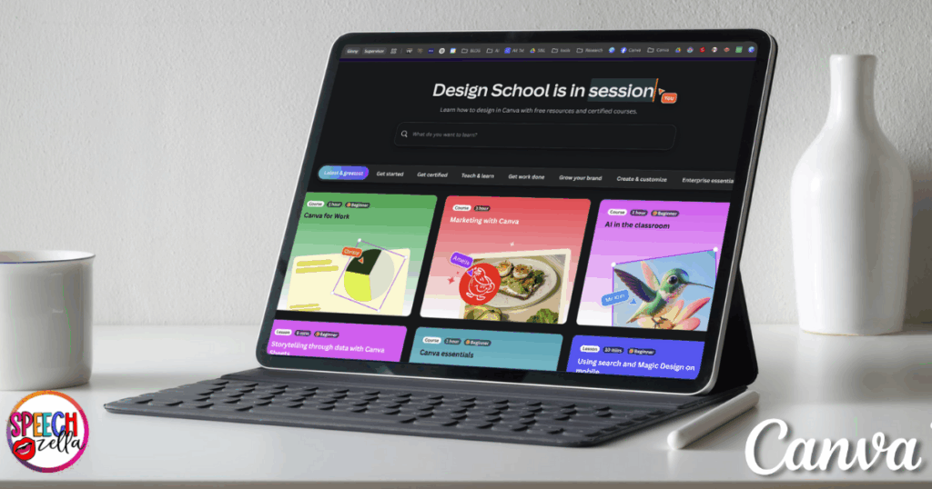 A tablet with a keyboard displays Canva for Education’s Design School page, showing colorful course tiles on a desk with a stylus beside it. The Speechzella and Canva logos appear in the bottom corners.