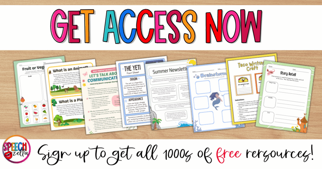 Lots of canva teacher templates are featured on this colorful banner with “GET ACCESS NOW” text above images of educational worksheets. A handwritten note below reads: “Sign up to get all 1000s of free resources for canva educators!” with the Speechzella logo on the left.