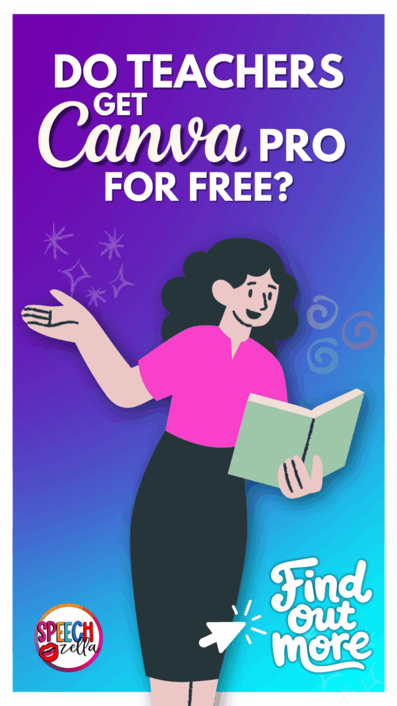 Do teachers get Canva Pro for free?Illustration of a smiling teacher holding a book with text:  and Find out more. The purple and blue background features swirls and stars. Canva for Education is highlighted, with the Speechzella logo in the corner.