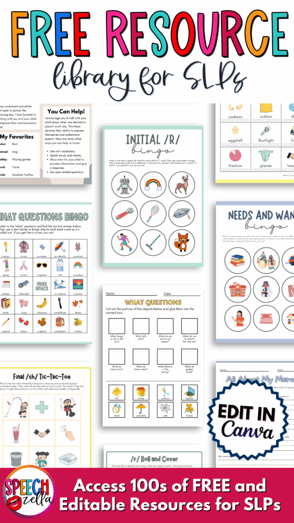 A colorful promotional image for a free SLP resource library, featuring sample activity sheets, icons, and the tagline: Access 100s of FREE and Editable Resources for SLPs. Try Canva for speech therapy—edit resources easily in Canva.