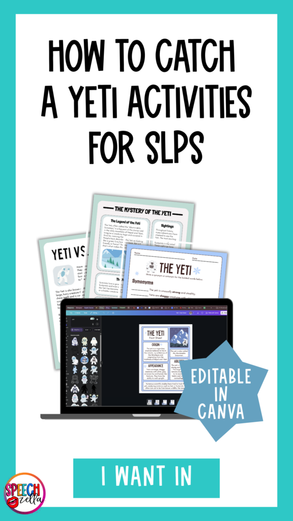 How to catch yeti activities and worksheets for slps
